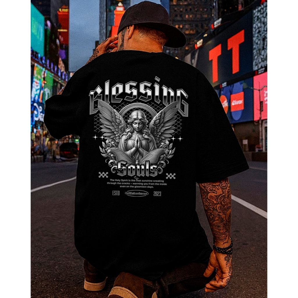 Camiseta Oversized Streetwear Blessing Blessed Angel Estampa Camisa Premium Moda Rua Street T-shirt