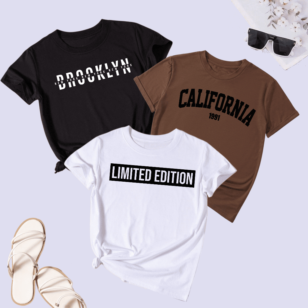 Camisetas Algodão Estampadas Kit c/3 Camisetas Streetwear preta-Brooklyn marrom-California1991 branca-LimitedEdition