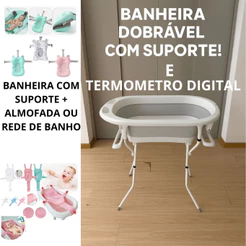 Banheira com suporte e termômetro acompanha almofada ou rede de banho bebe