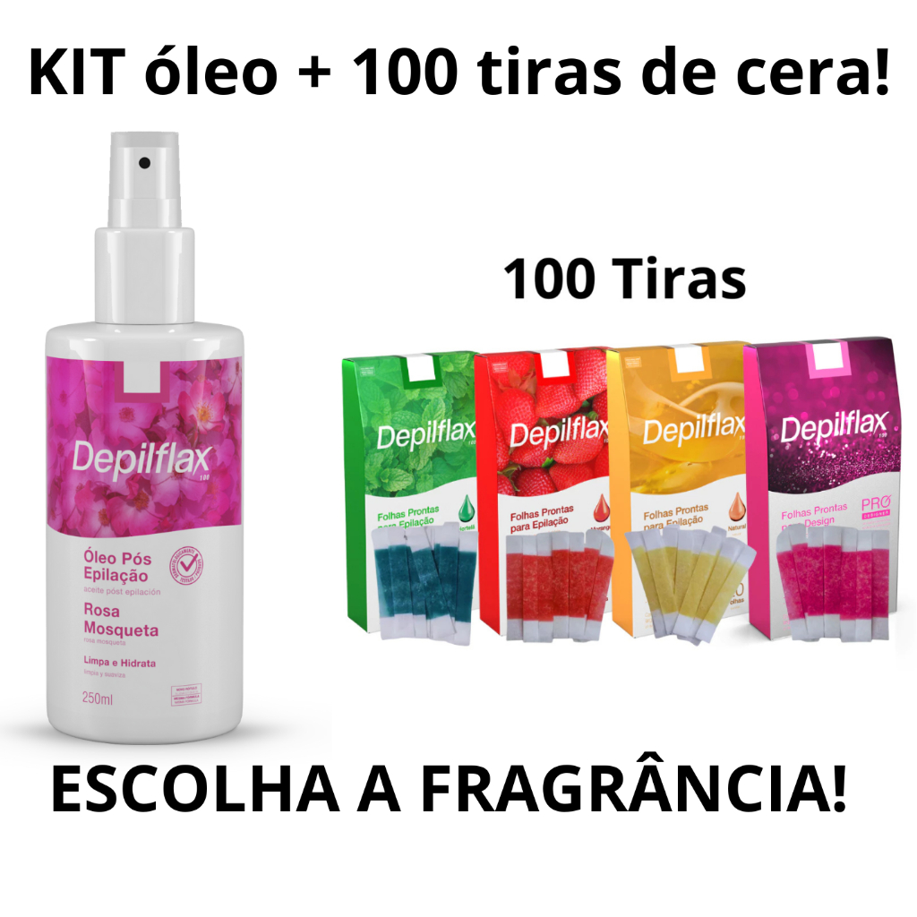 Kit Depilação Facial várias fragrancias – 100 Tiras para Sobrancelha + Óleo Pós-Depilatório Calmante Depilflax