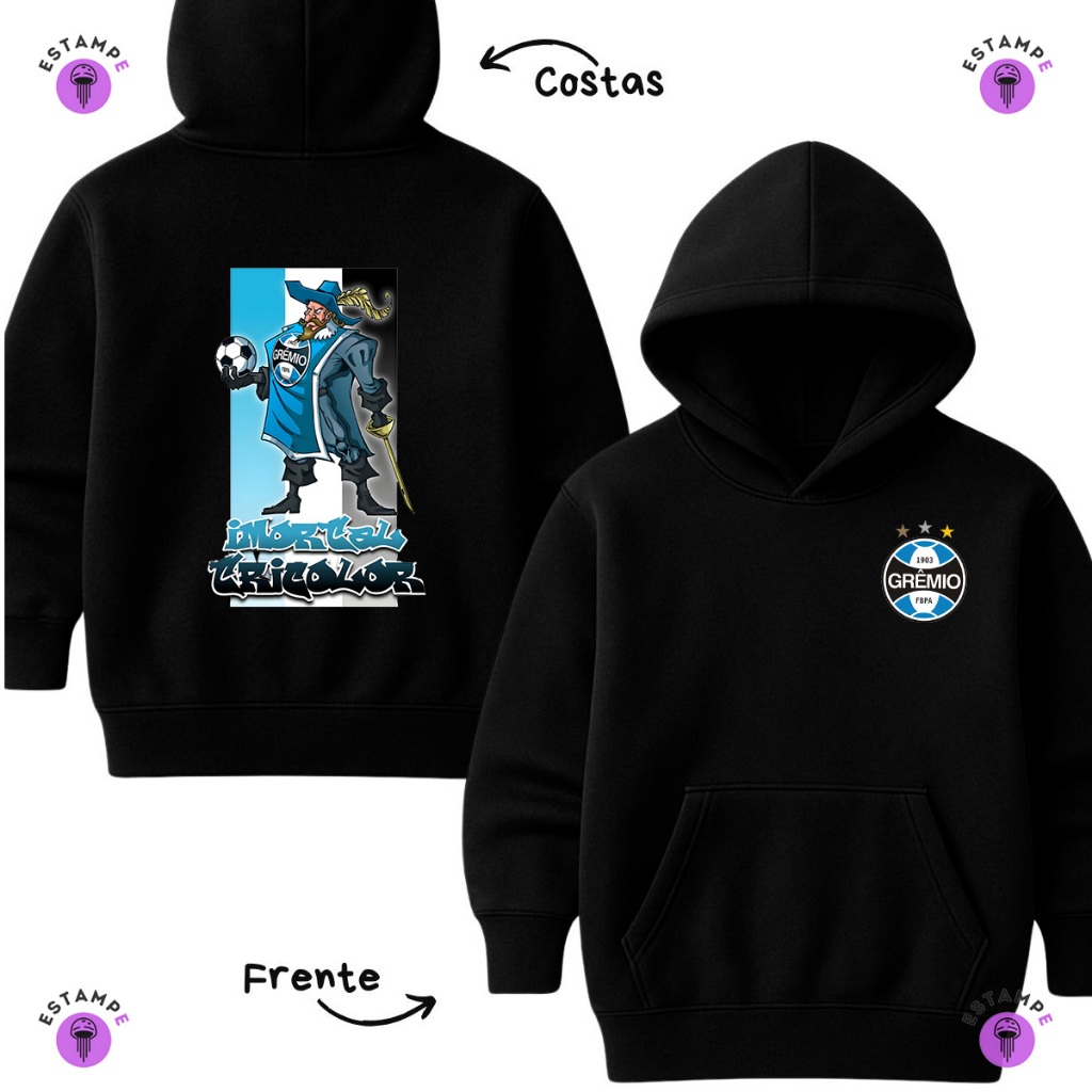 Moletom Canguru Infantil Gremio Glorioso Time Futebol Blusa De Frio Agasalho Casaco Unissex Menino Menina