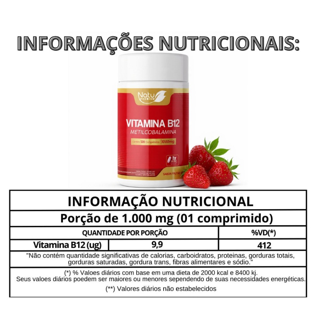 Vitamina B12 Metilcobalamina - Mastigável/Sublingual Natu Premium Energia e Saúde em Cada Comprimido