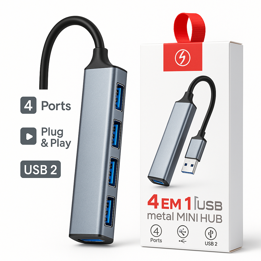 Hub USB 4 em 1 Alumínio Portátil – 4 Portas USB 2.0, Plug & Play para Notebook e PC Envio Imediato ! por R$ 22,89
