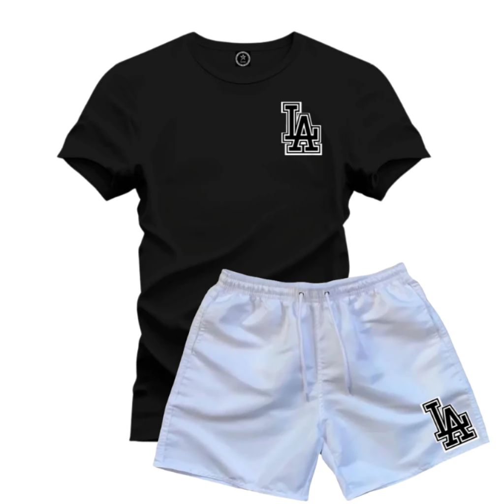 Kit Short Tactel e Camiseta 100% Algodão Masculina Confortavel Macia Estilosa LA Moderna Casual