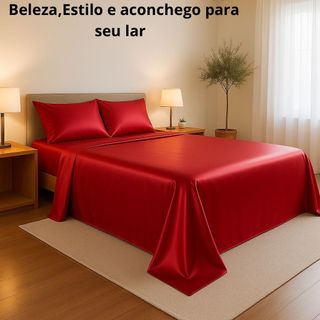 Jogo de Lençol 4 Peças Casal Queen King-size Cetim Leve Macio Anti-frizz Liso Rosa Vermelho