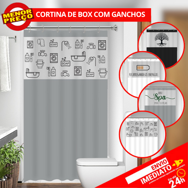 Cortina de Box c/ Visor Transparente Estampa Moderna Frases c/ Ganchos PVC Antimofo - Envio Imediato
