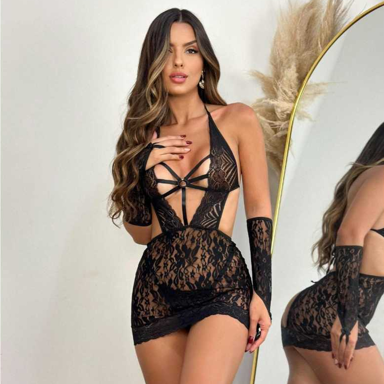 Camisola Anita Luxo Sensual Com Calcinha e Luvas Rendadas