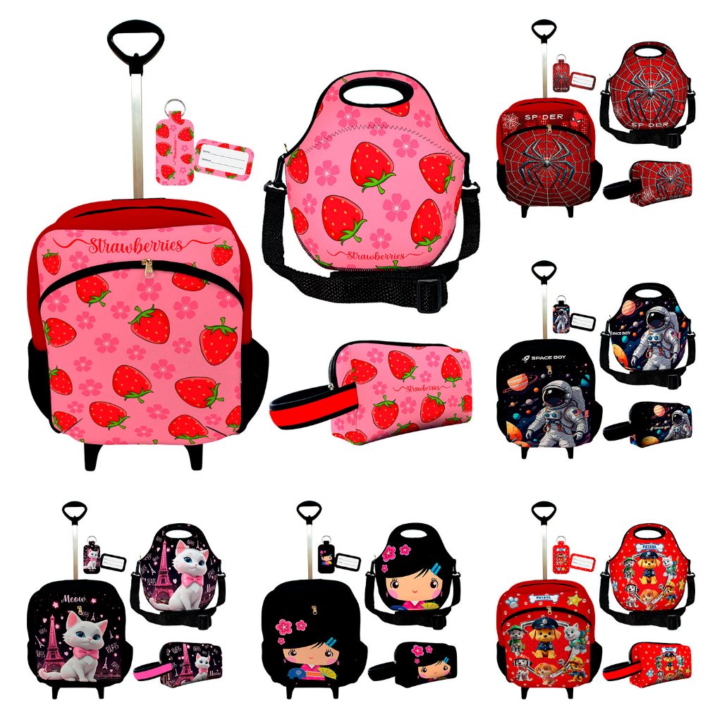 Kit Mochila Escolar Infantil Carrinho Rodinhas Lancheira Com Alça Estojo Grande Menino Menina Várias