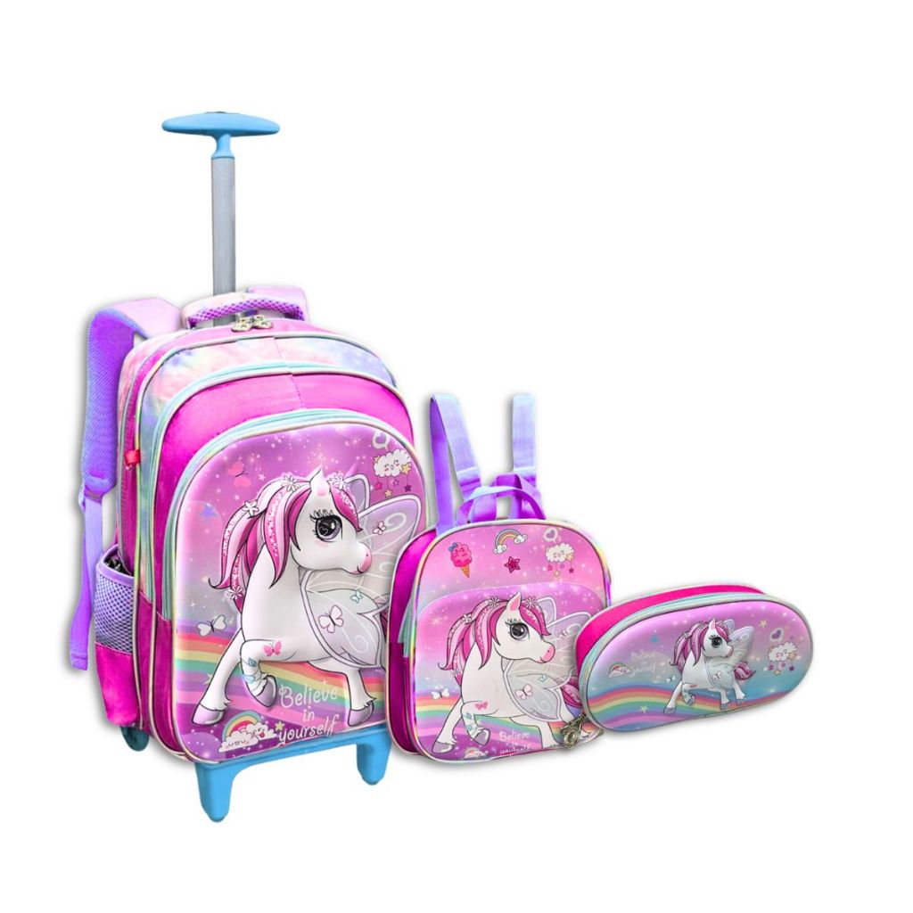 Kit Mochila Rodinha 3d Infantil Lancheira Estojo Unicornio em Oferta na Shopee