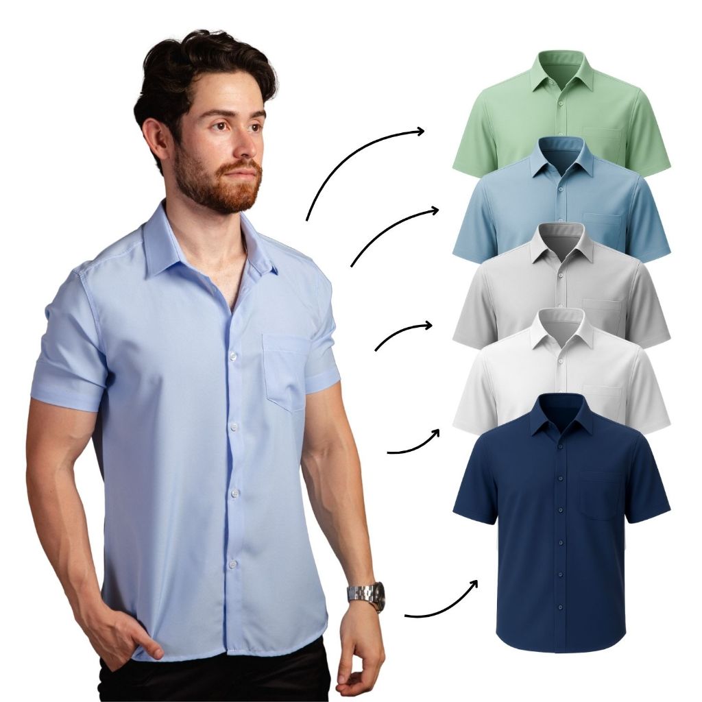 Kit 3 Camisa Masculina Social Manga Curta Camisa Social Masculina Tecido Não Amassa Camiseta Social Com Bolso