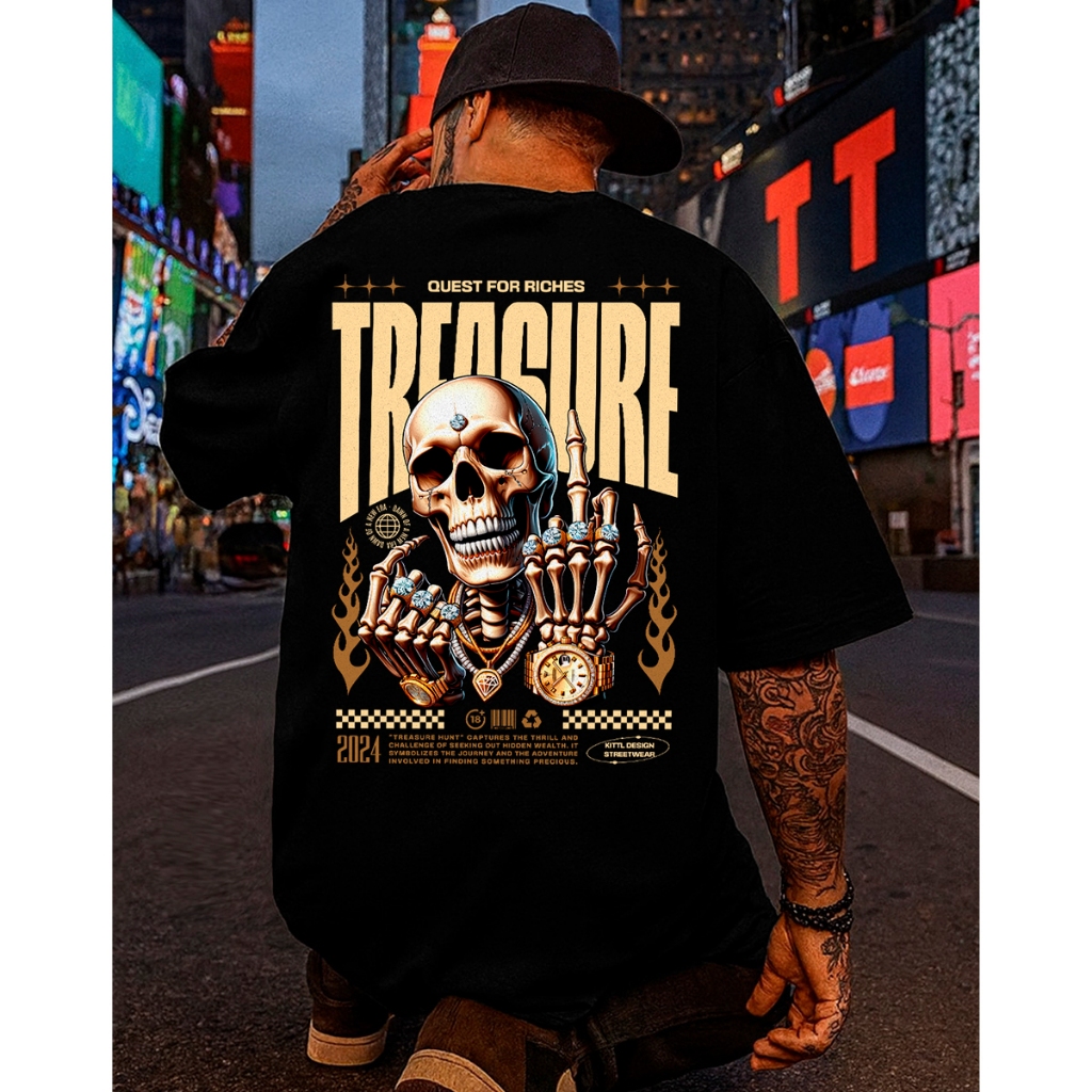 Camiseta Streetwear Masculina Oversized Treasure Caveira Dourada Estampada 100% Algodão