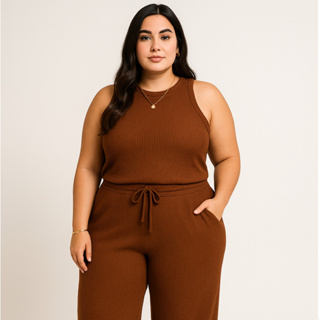 Kit Calça Wide Leg Pantalona Bolsos + Regata Plus Feminino em Oferta na Shopee