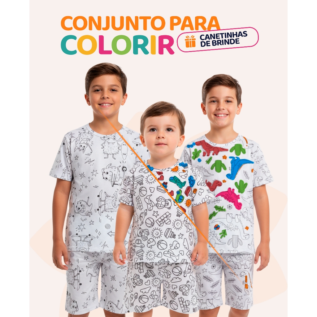 Kit de 1, 2 ou 3 Conjuntos Pijama Infantil Menino de Colorir + Canetinhas Pijama Infantil Masculino em Oferta na Shopee