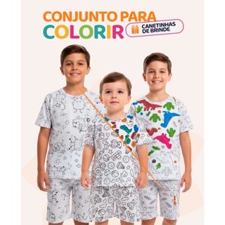 Kit de 1, 2 ou 3 Conjuntos Pijama Infantil Menino de Colorir + Canetinhas Pijama Infantil Masculino em Oferta na Shopee