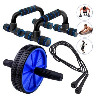 Kit Suporte Apoio Flexão + Corda De Pular + Roda Abdominal Azul Exercício Treino
