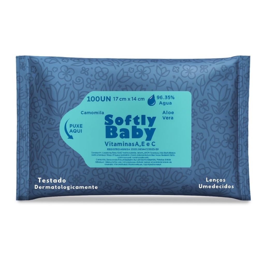 100Un Lenço Umedecido Baby Softly com Vitaminas A, E, C, Aloe Vera e Camomila em Oferta na Shopee