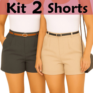 Kit 2 Shorts Alfaiataria Feminino Cintura Alta com Cinto e Ziper lateral em Oferta na Shopee