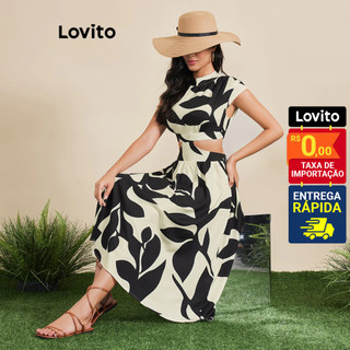 Lovito Vestido em A Longo com Recortes Geométricos Estampa Folhagem Feminino DRB3BR152