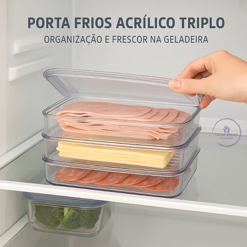 Porta Frios Acrílico Triplo Tampa Presunto Queijo 3 Andares Empilhável Pote Organizador Geladeira