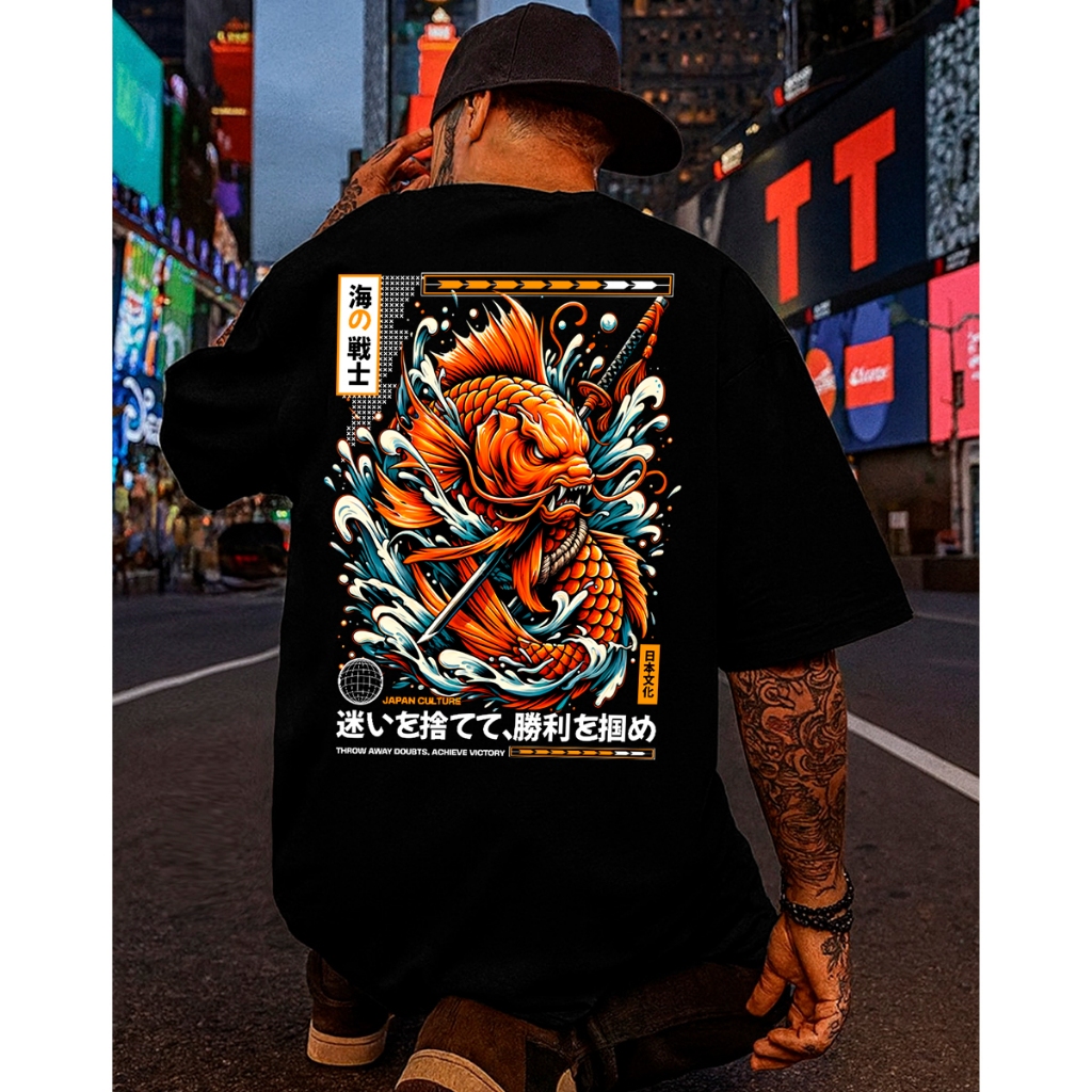 Camiseta Streetwear Masculina Oversized Samurai Koi Japonês Estampada 100% Algodão Penteado Premium