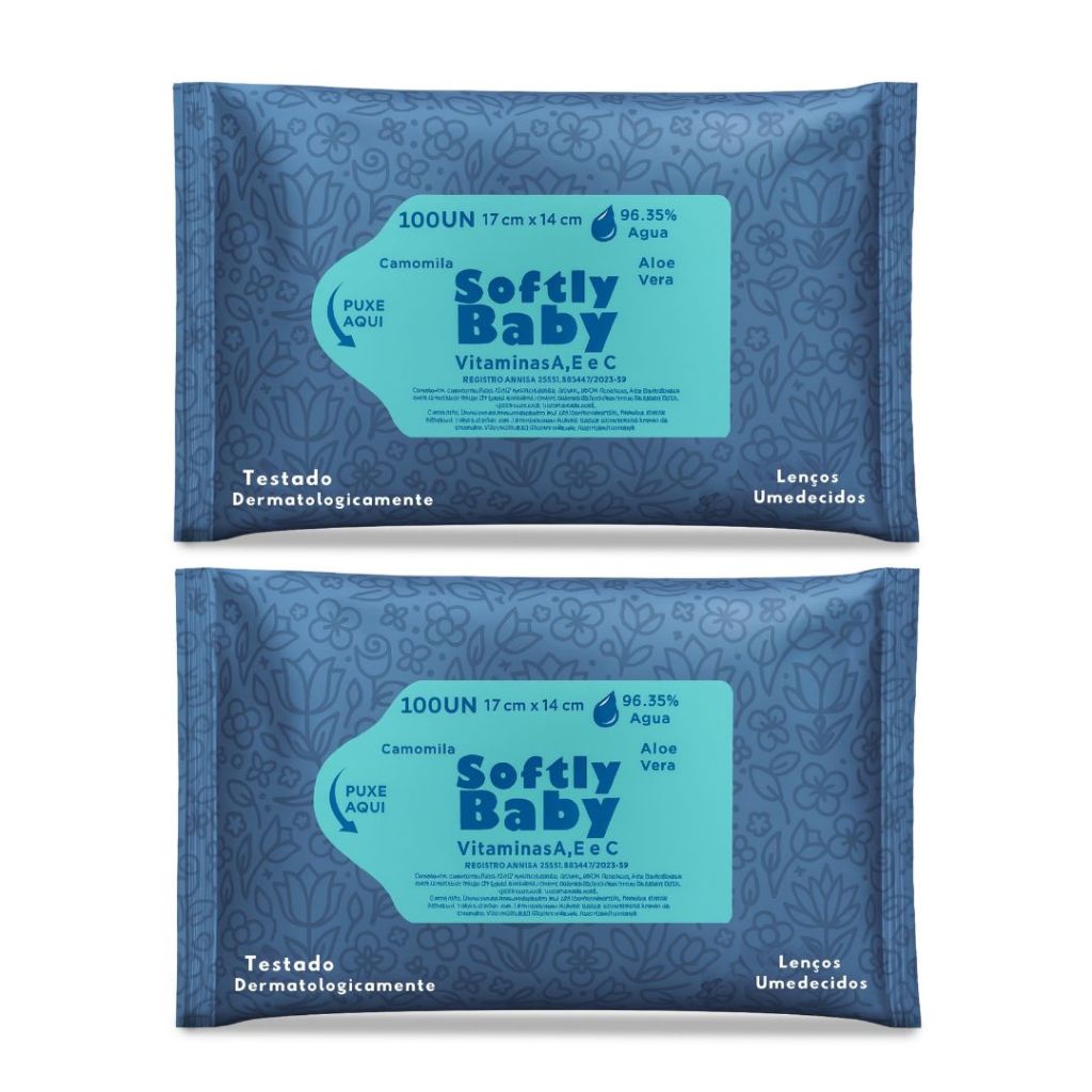 200Un Lenço Umedecido Baby Softly – com Vitaminas A, E, C, Aloe Vera e Camomila (2 pacotes )