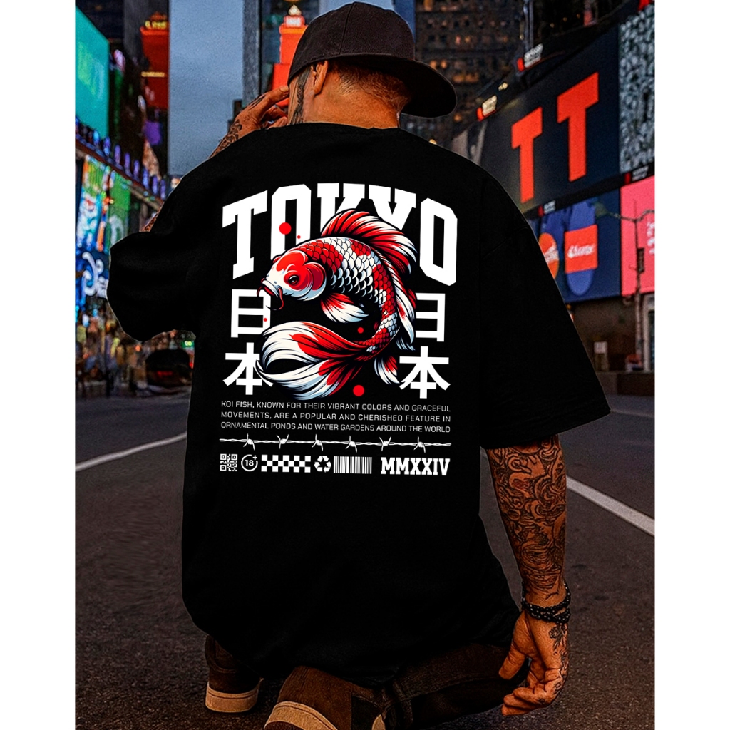Camiseta Streetwear Masculina Oversized Tokio Street Samurai Koi Estampada Premium 30.1 Algodão