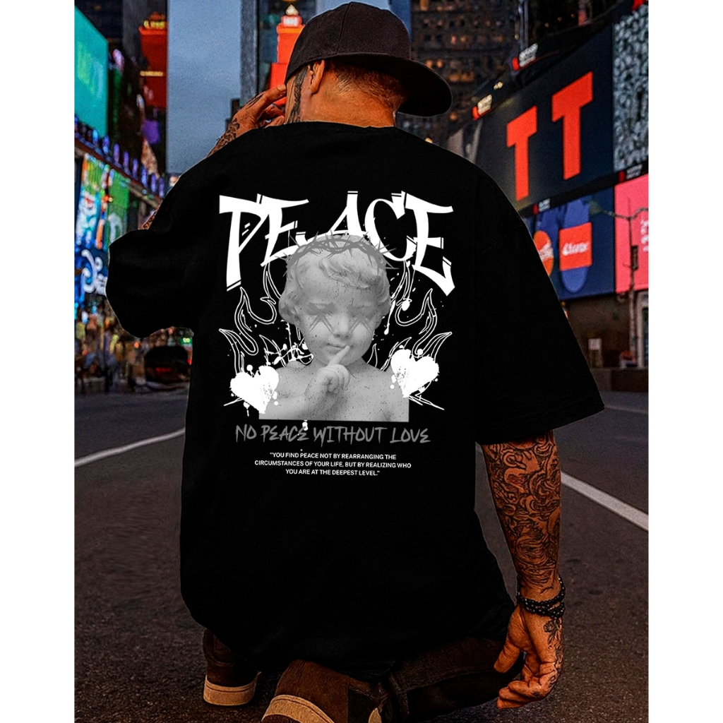 Camiseta Streetwear Masculina Oversized Peace Love Premium Gringa Estampada 100% Algodão Penteado