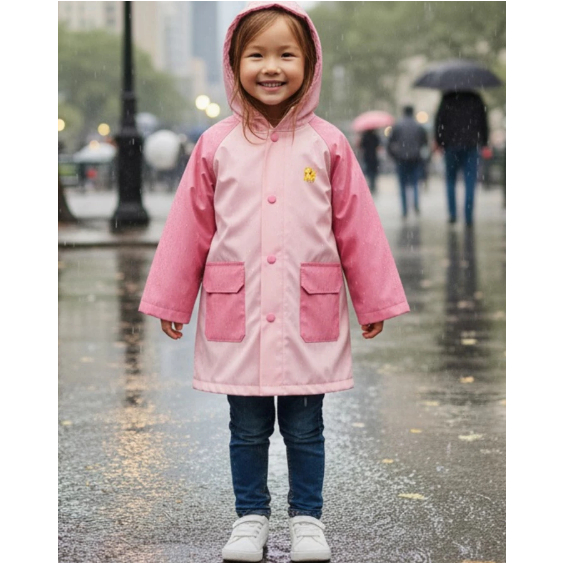 Capa de chuva infantil rosa menina com capuz e bolsos PVC presente de aniversári C0010