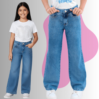 Calça Feminina Wide Leg Jeans Menina STRASS Brilho Estilosa Blogueira Barra Larga CASCATA em Oferta na Shopee
