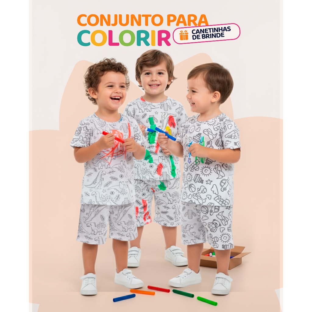 Kit de 1, 2 ou 3 Conjuntos Pijama Bebê Menino de Colorir +Canetinhas  Pijama Infantil Masculino em Oferta na Shopee