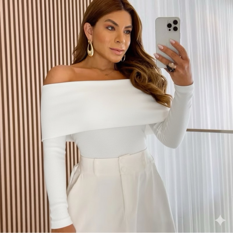 Blusa manga longa ciganinha ribana ombro a ombro tomara que caia moda outono inverno lançamento Virgínia em Oferta na Shopee