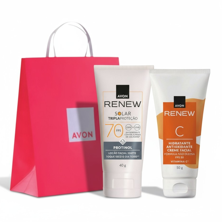 Presente Renew Avon Kit: Protetor Solar FPS70 com Protinol+Hidratante Antioxidante Vitamina C FPS50