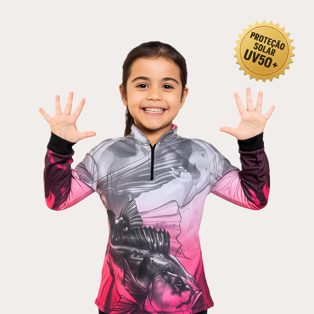 Camisa Camiseta Blusa de Pesca Infantil Criança Tucunaré Rosa Pink New Fisher Proteção Solar UV50
