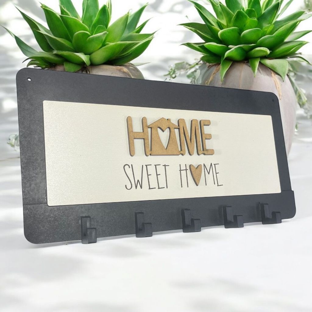 Porta Chaves com 5 Ganchos Parede Decoração Moderna Madeira em MDF - HOME SWEET HOME