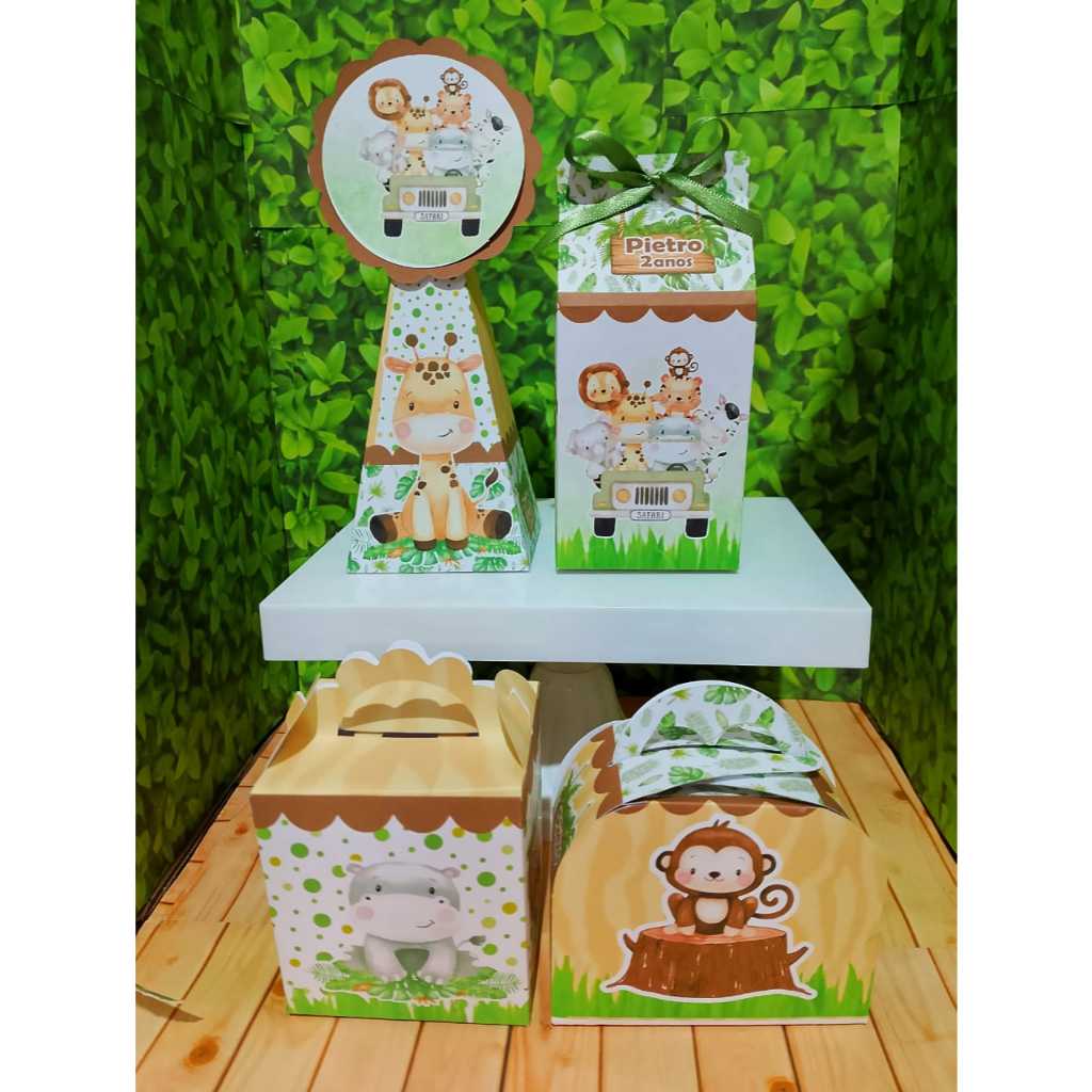KIT PEGUE E MONTE- 20 CAIXINHAS  LACINHO DE BRINDE PARA LEMBRACINHA DE ANIVERSÁRIO PERSONALIZADA - SAFARI BABY MENINO