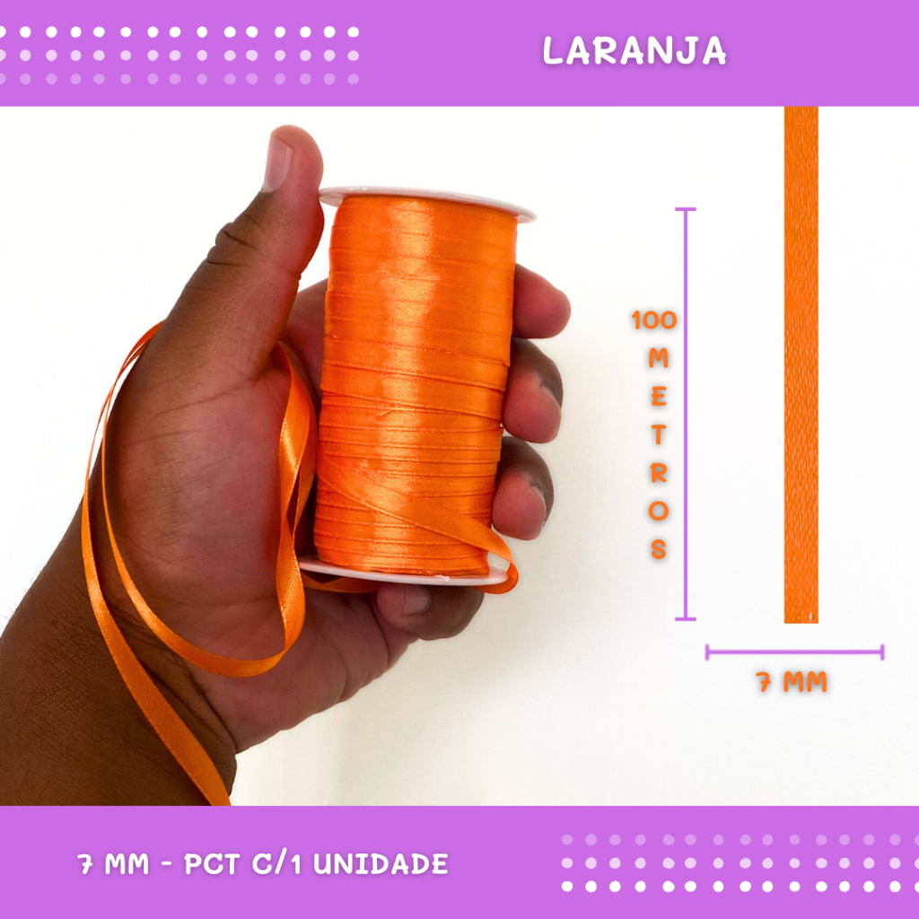 Fita de Cetim Lisa - 7mm - Rolo C/100 Metros COR: LARANJA