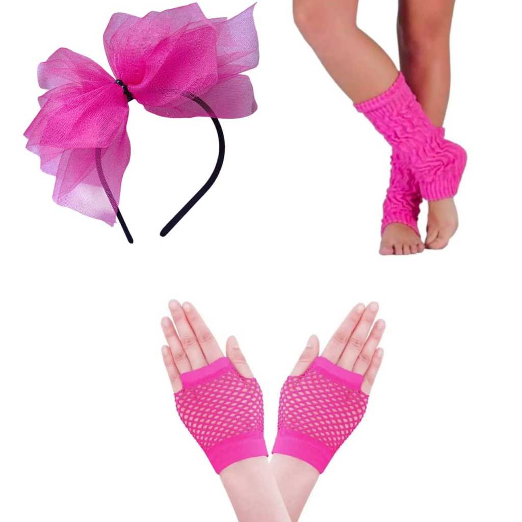 Kit Fantasia Anos 80 Festa Tematica Carnaval Halloween Tiara Tule + Luvas Arrastao + Polaina