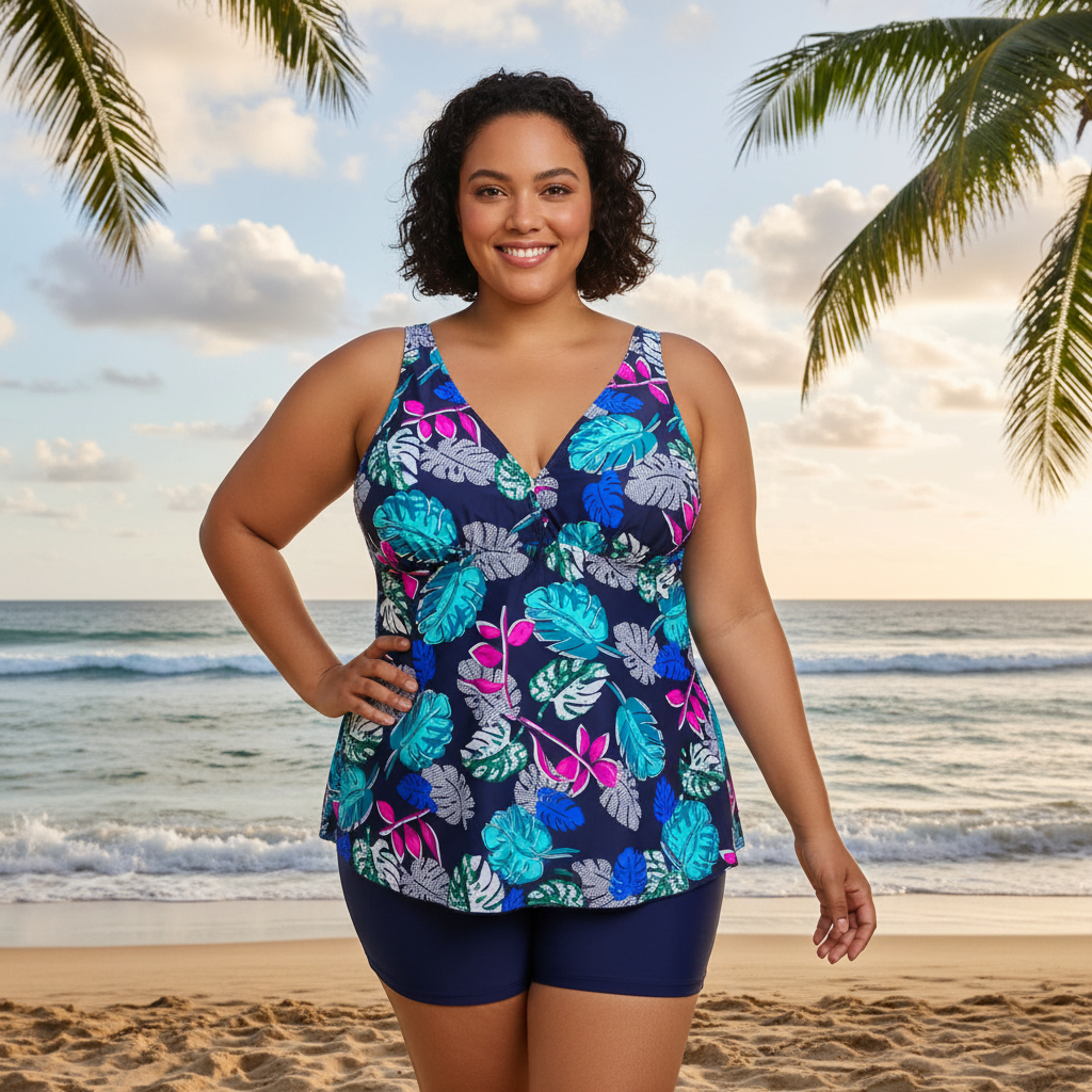 Conjunto Plus Size Banho Feminino 48-54 Blusa e Shorts Verão Praia Piscina Estampa Tropical Multicor