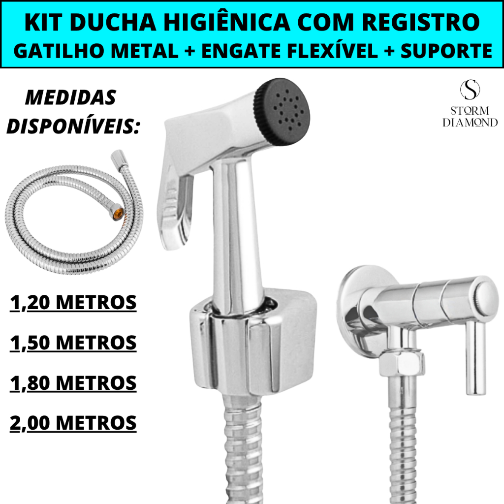 Ducha Higiênica Completa Com Registro + Gatilho Metal Zamak + Engate Flexível Aço Inox + Suporte em Oferta na Shopee
