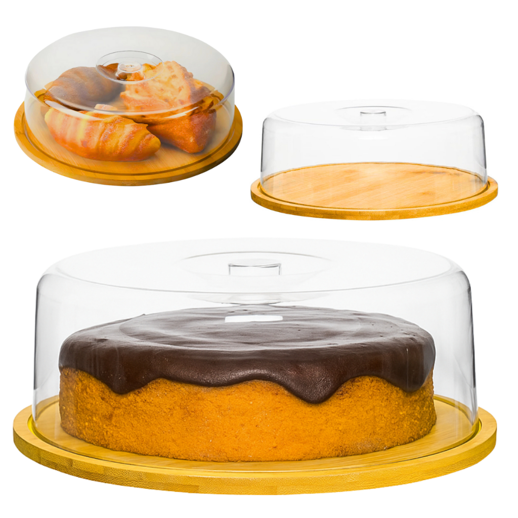 Boleira de Bambu Tampa Acrílico Porta Bolo Torta Pudim Sobremesa Queijo Cozinha Luxo