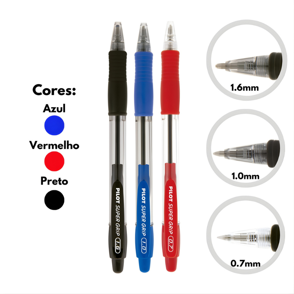 Caneta Retrátil Super Grip 0.7mm 1.0mm e 1.6mm PILOT - Escolha a Cor Unidade Ou Kit em Oferta na Shopee