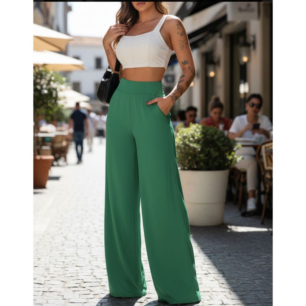 Calça Social Pantalona Alfaiataria Feminina Cintura Alta - Sarja Premium com Bolsos e Botões em Oferta na Shopee