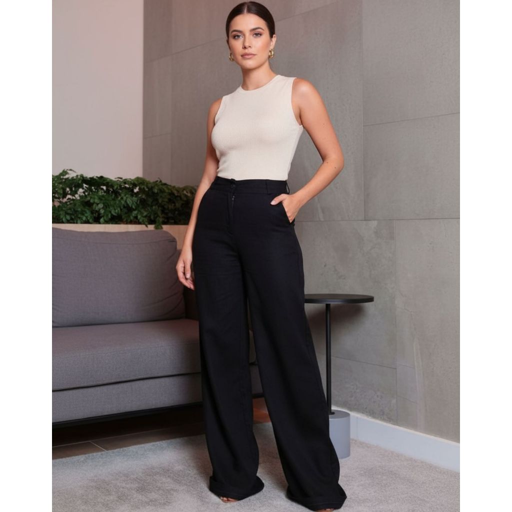 Calça Pantalona Feminina Alfaitaria Linho Premium Cintura Alta Elegante com Zíper, Bolso e Forro – Social e Casual