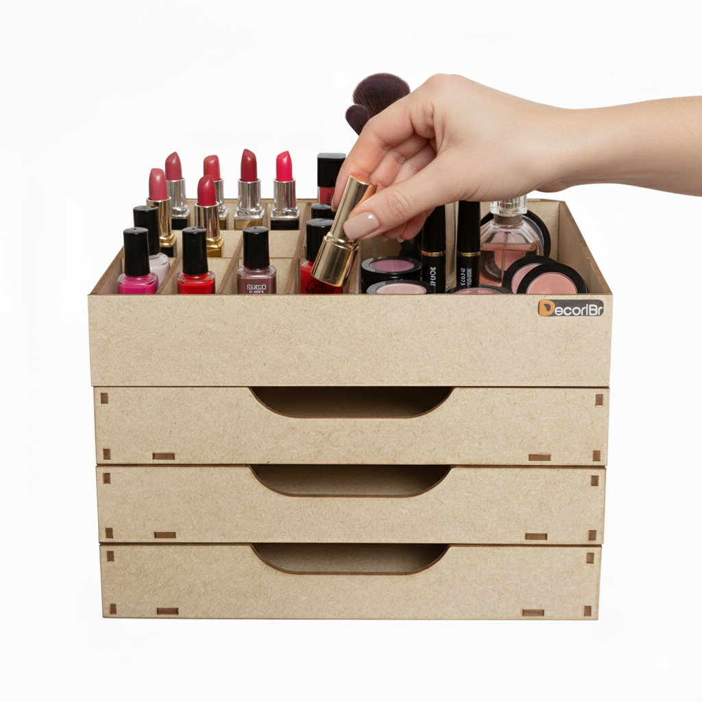 Organizador Caixa Porta Maquiagem Make Batom com Divisórias e 3 Gavetas Em MDF 3mm Cru - Decori Br em Oferta na Shopee