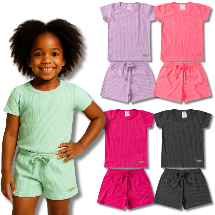Kit Sortido 4 Conjuntos Blusa e Shorts Canelado Liso Feminino/Menina - Infantil e Juvenil do 4 ao 12