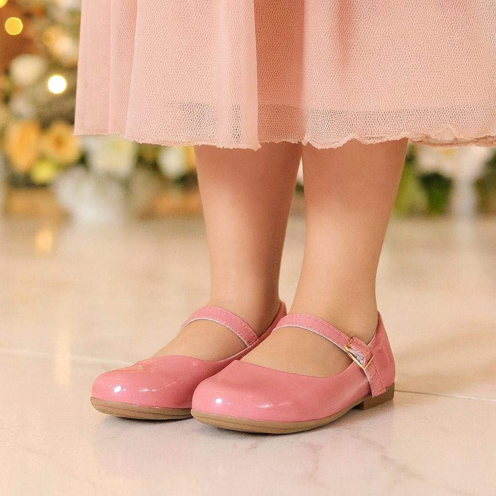 Sapatilha Rosa Infantil Criança Menina Sapatinho de Boneca Macia Social Abotoar Fechado Lisa Verniz