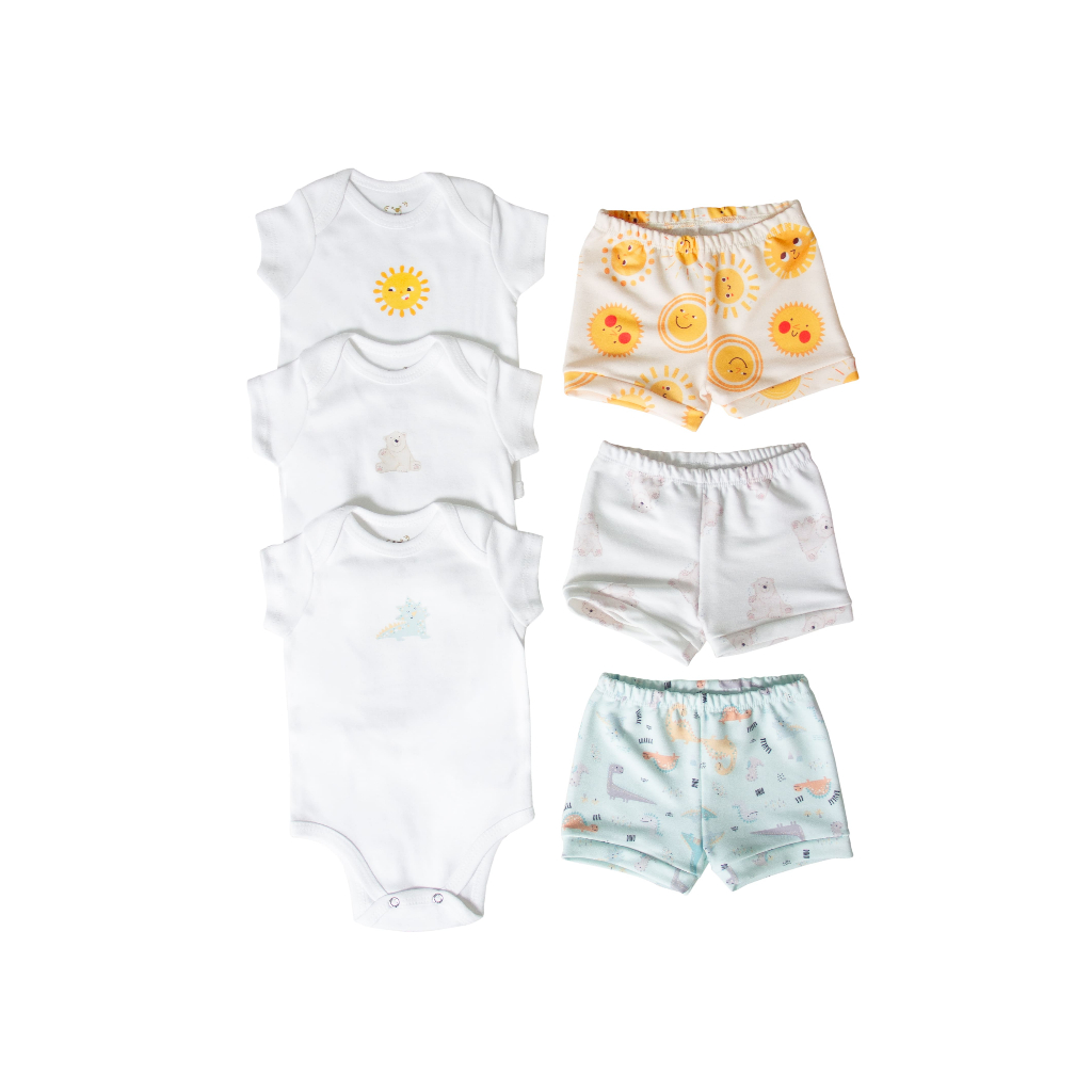 Kit 6 peças Curto - Conjunto Solzinho, Dino rex e ursinho