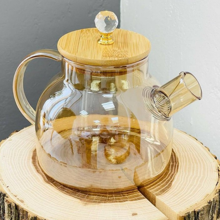 Chaleira de Vidro Âmbar Borossilicato vai ao fogo com Tampa de Bambu com Cristal em Oferta na Shopee