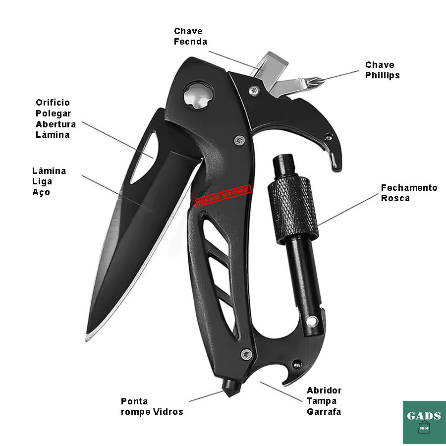 Canivete EDC Chaveiro Mosquetão 6x1 Multifuncional Trilha Camping Pesca em Oferta na Shopee