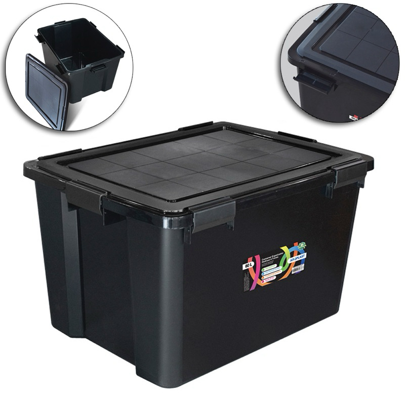 CAIXA ORGANIZADOR CONTAINER DE PLASTICO RETANGULAR EMPILHAVEL PRETO COM TAMPA + TRAVA E ALCA 80L 60X44X35CM ARQPLAST